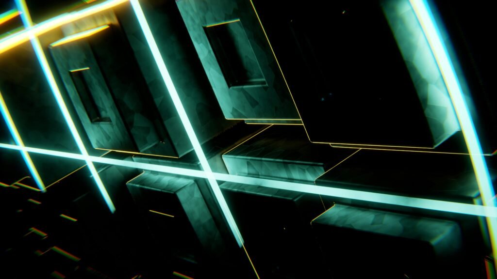 Abstract design with neon lights and geometric shapes creating a futuristic look.